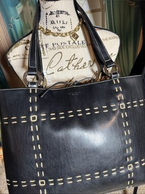 kate spade Black Leather Tote with Contrast Stitching